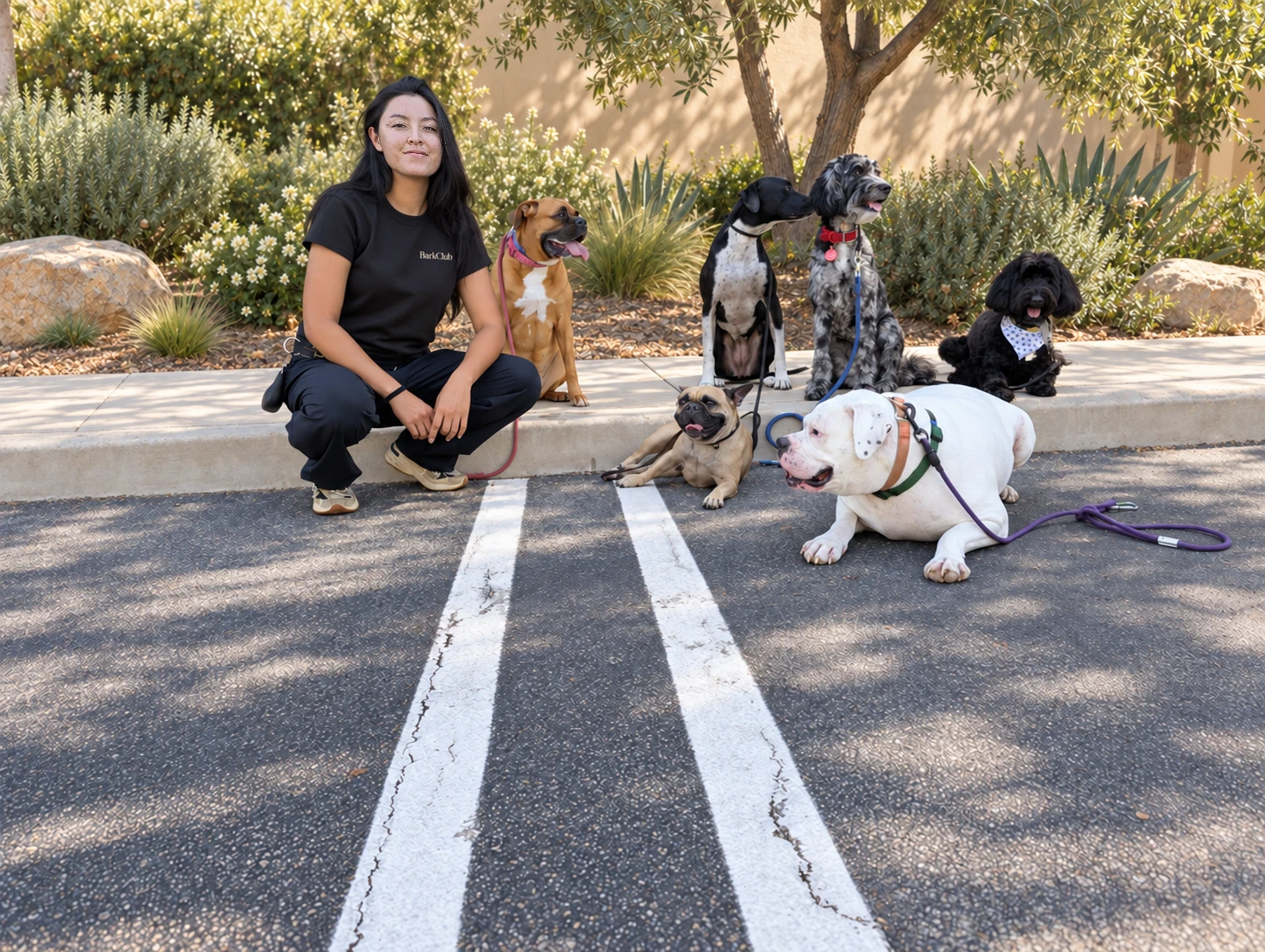 Ivanna in a BarkClub shirt, seated with six dogs in a Southern California garden