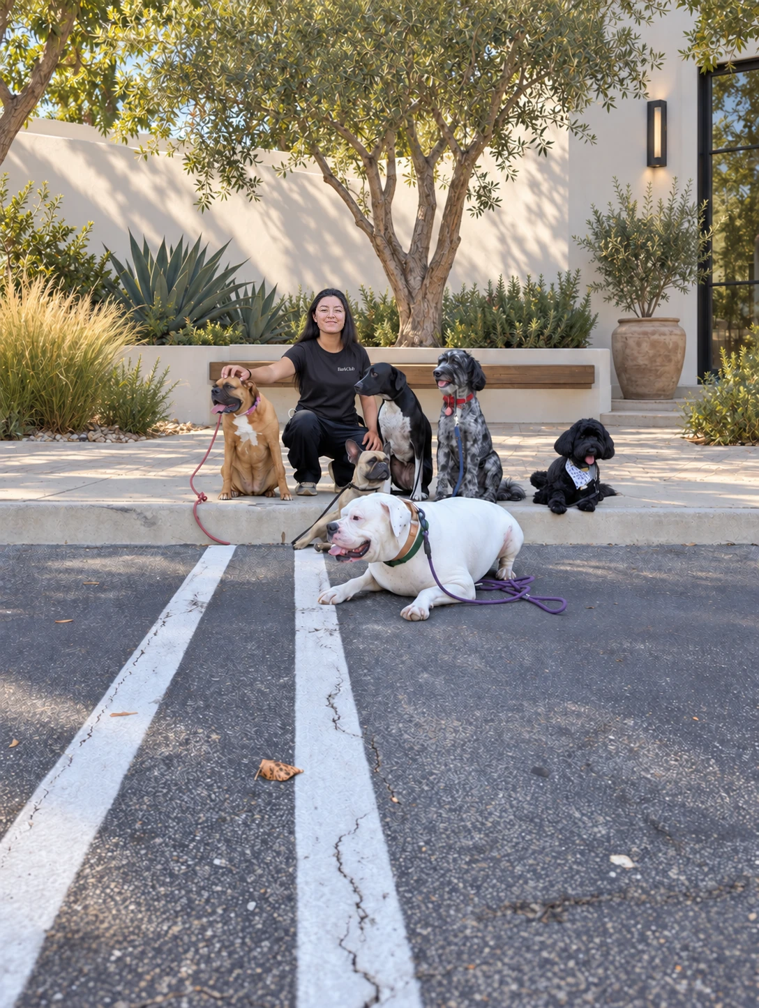 Ivanna in a BarkClub shirt, calmly handling six dogs in a modern courtyard